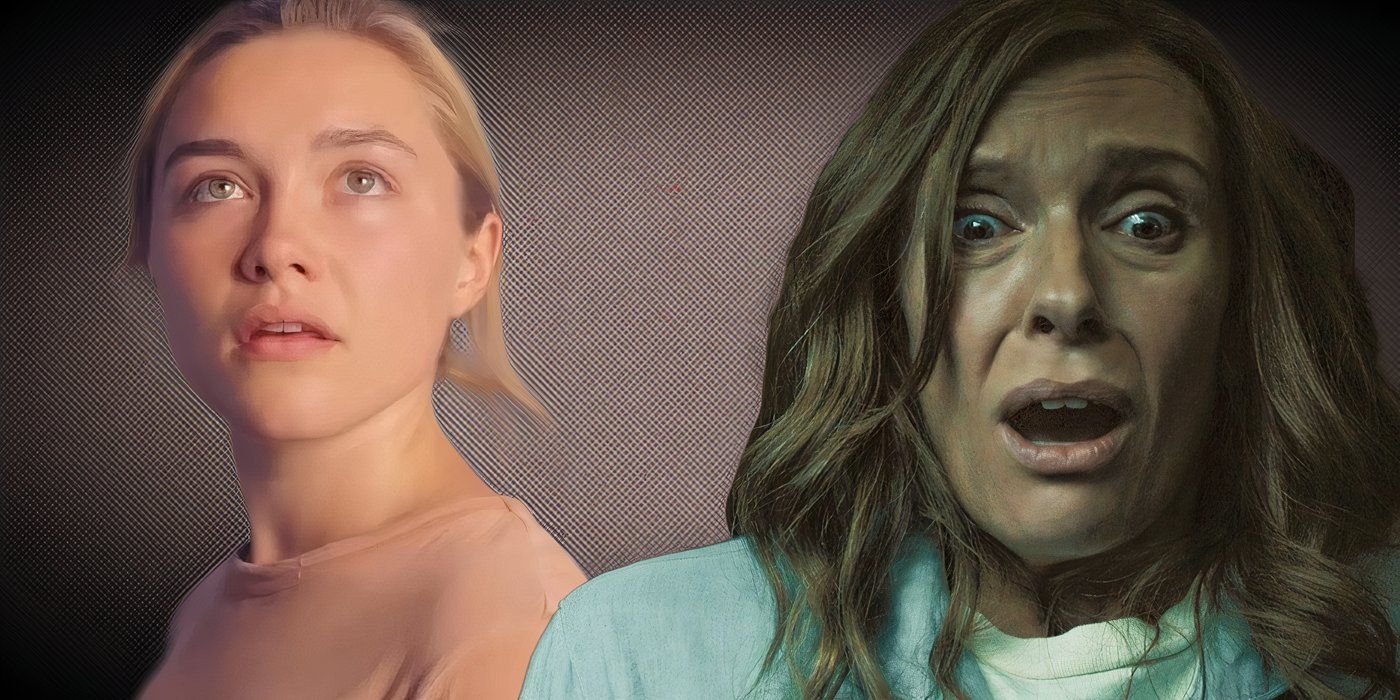 Collage of Florence Pugh looking up in Midsommar and Toni Collette being scared in Hereditary