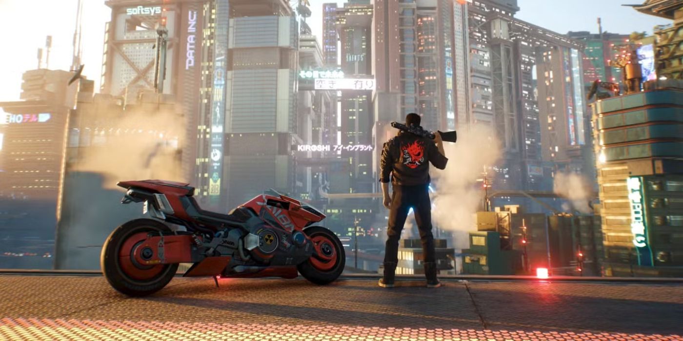V with a shotgun standing next to a motorbike looking out over Night City in Cyberpunk 2077