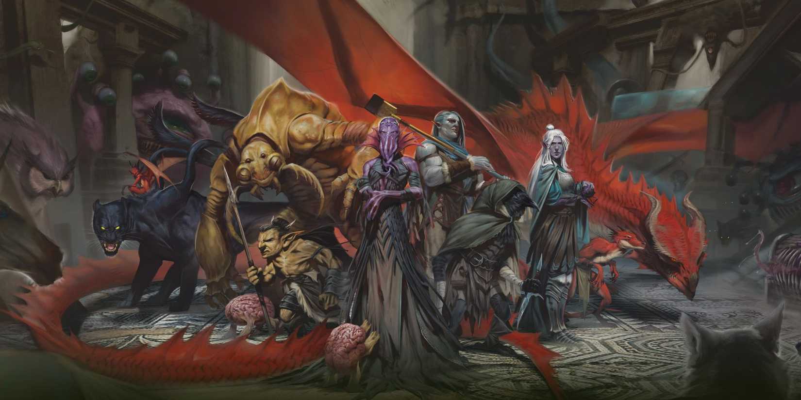 D&D official wallpaper with a mindflayer, intellect devourer, drow, half orc, kenku, red dragon, displacer beast, goblin, kobold, owlbear, imp and ettercap.