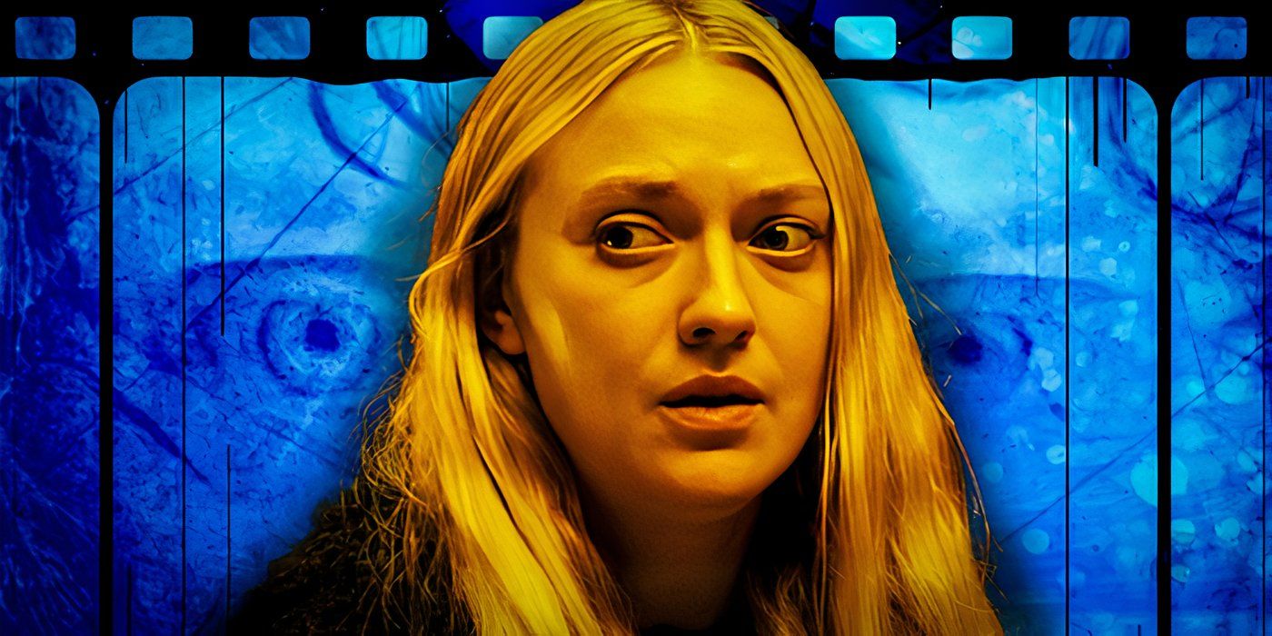 Dakota Fanning's Mina from The Watchers over an image of Lady in the Water's poster