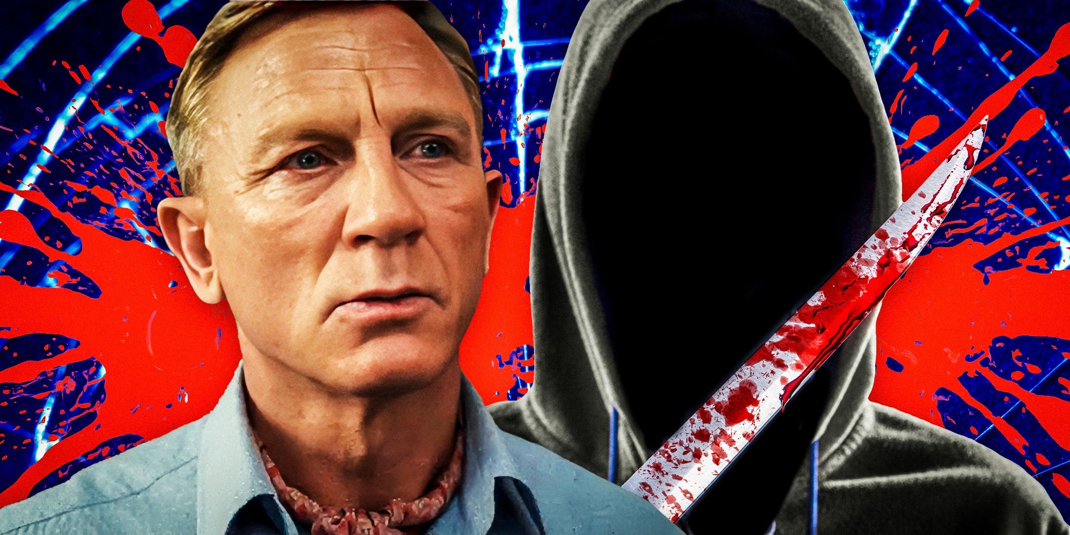 Daniel Craig as Benoit Blanc in Knives Out and an image of a hooded killer holding a bloody knife