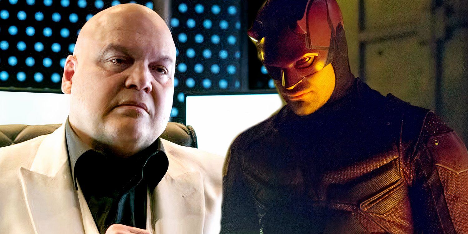 Vincent D'Onofrio's Kingpin sits in his office and Charlie Cox's Daredevil looks down