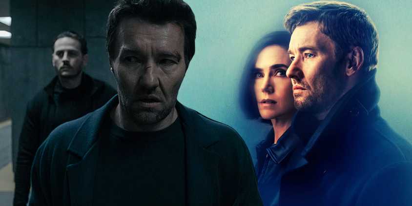 A composite image of Jason looking to the side in shock with a promo image of Jason and Daniela standing side by side in a blue haze from Dark Matter