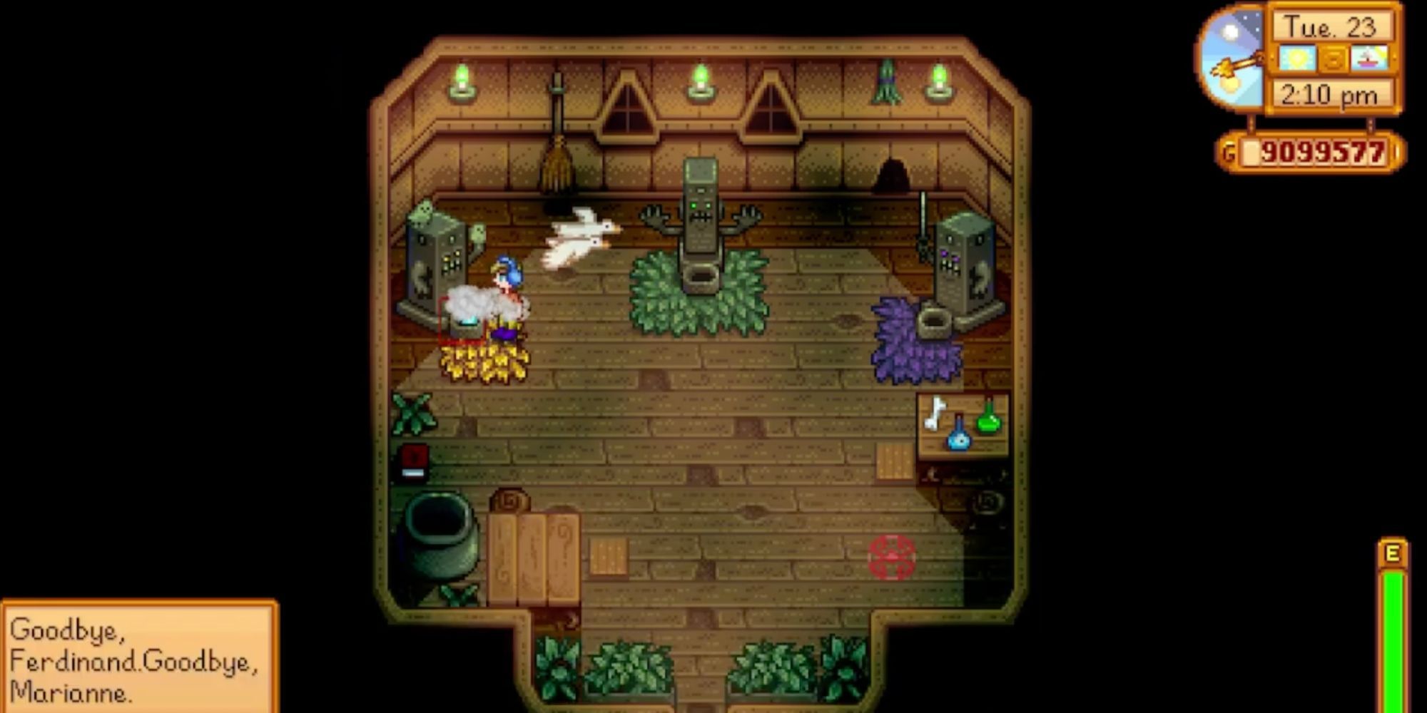 Um jogador transformando seus filhos em pombas usando o Santuário Sombrio do Egoísmo em Stardew Valley