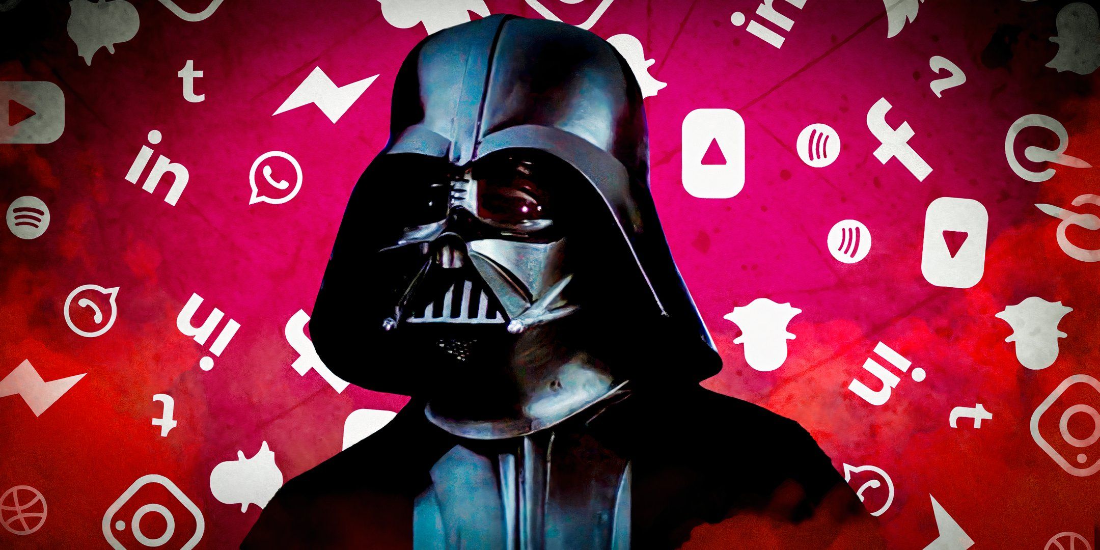 Darth Vader in the original Star Wars trilogy, surrounded by various social media symbols
