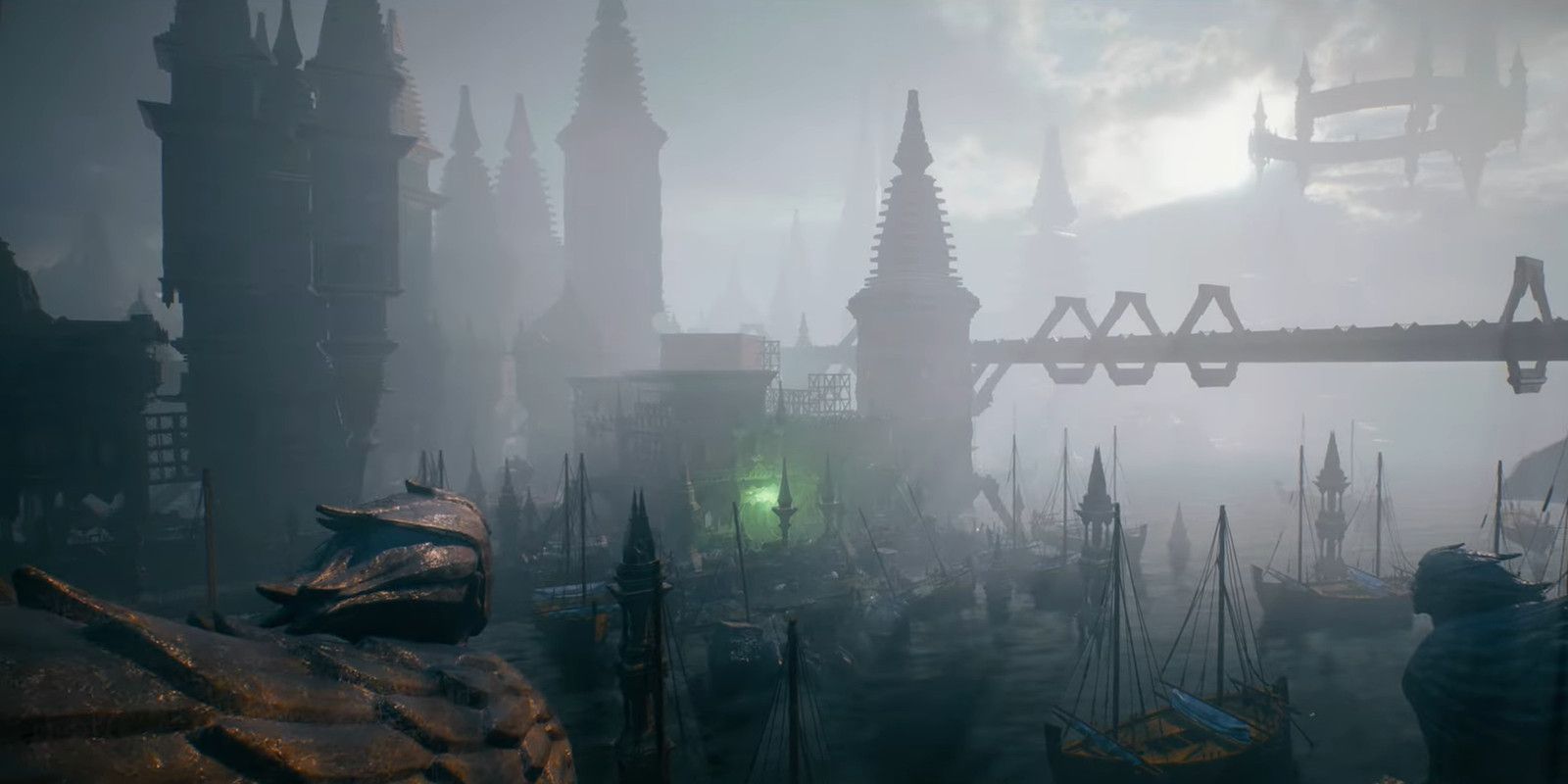 Un edificio con grandes torres cerca del puerto en Dragon Age: The Veil.