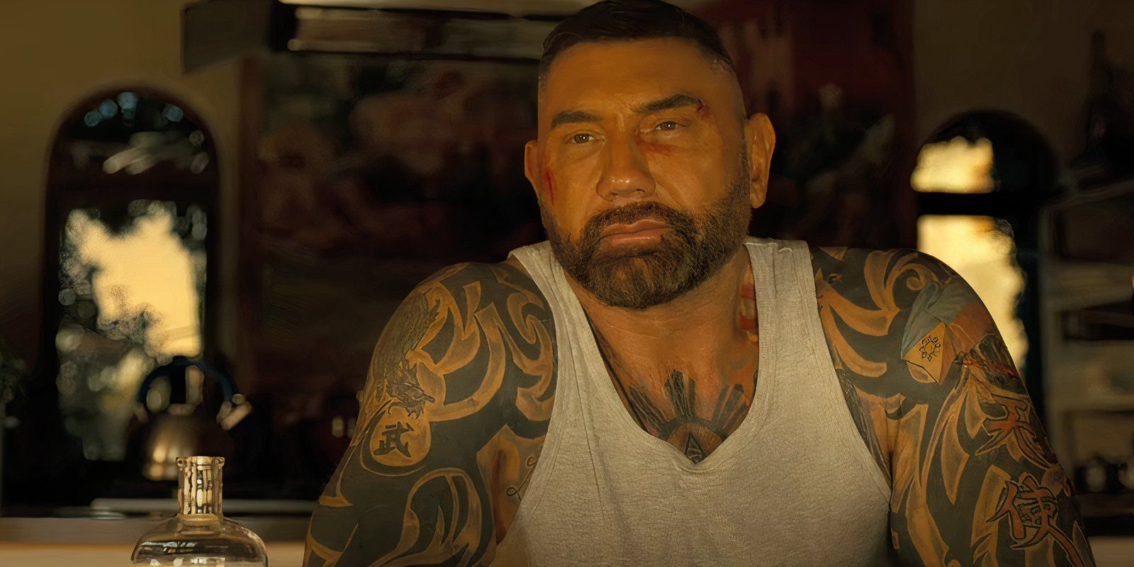 Dave Bautista as JJ Wearing a Tank Top in My Spy The Eternal City