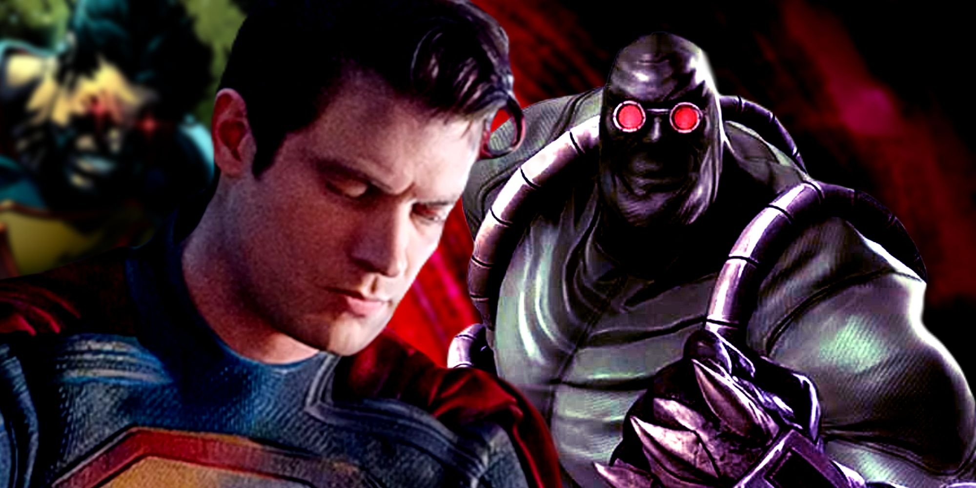 David Corenswet's Superman sitting next to DC Comics' Superman and Doomsday