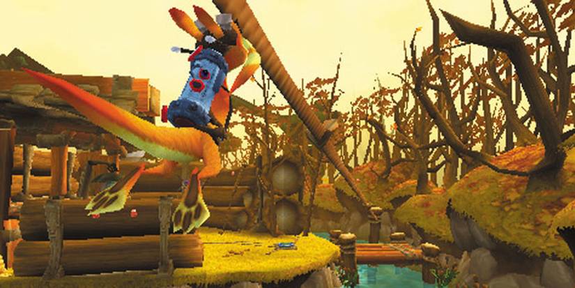 Daxter traveling across a zipline in Daxter.