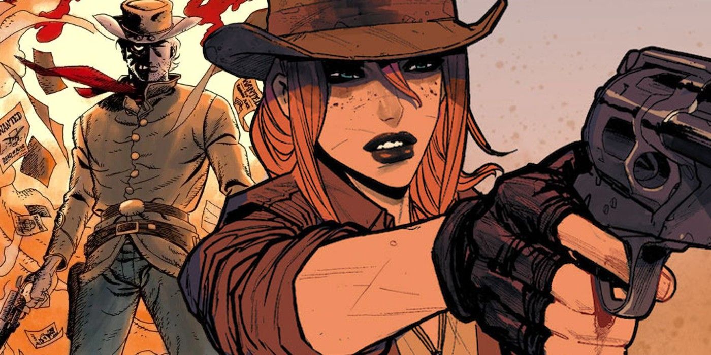 héroe dc jinny hex con su antepasado Jonah Hex detrás de ella