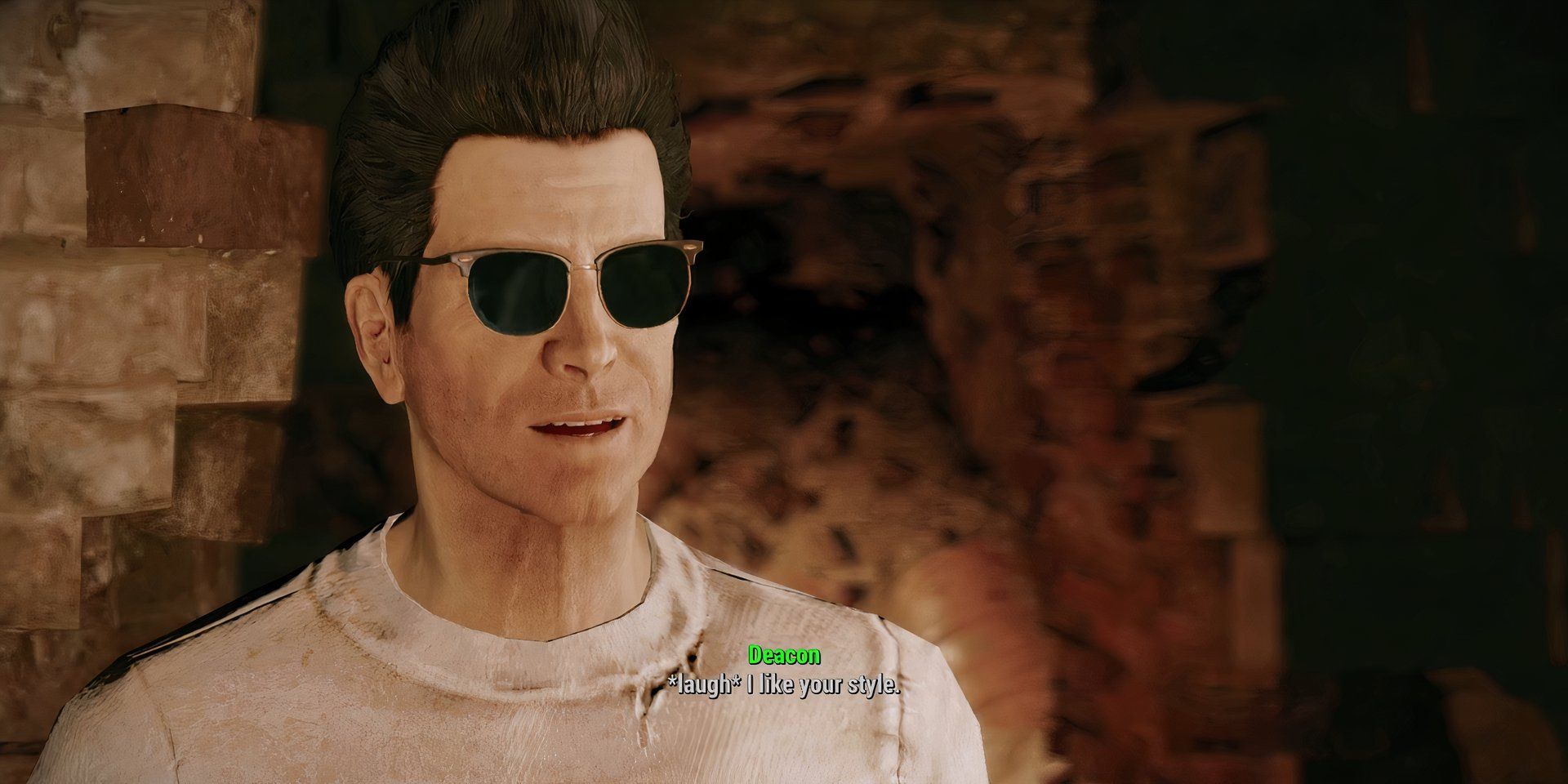 Deacon cumprimenta o jogador enquanto ele encontra a ferrovia em Fallout 4