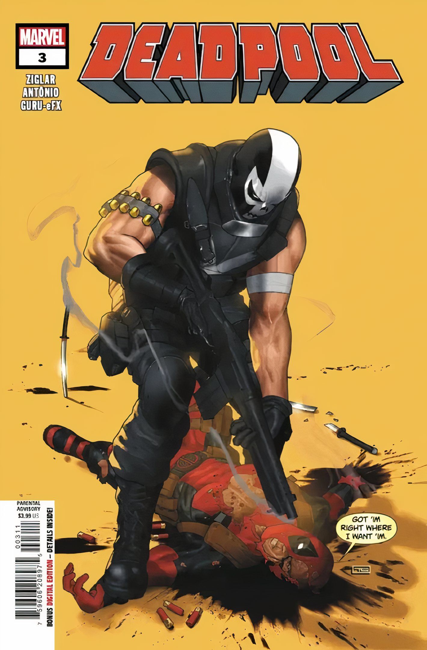 Deadpool #3 cover, Deadpool laying in a pool of blood as Crossbones stands over him.