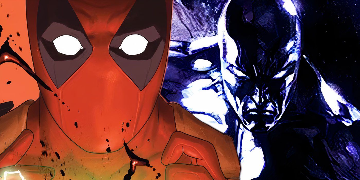 Deadpool surprised and bloody to the left and and Silver Surfer determined and scowling to the right