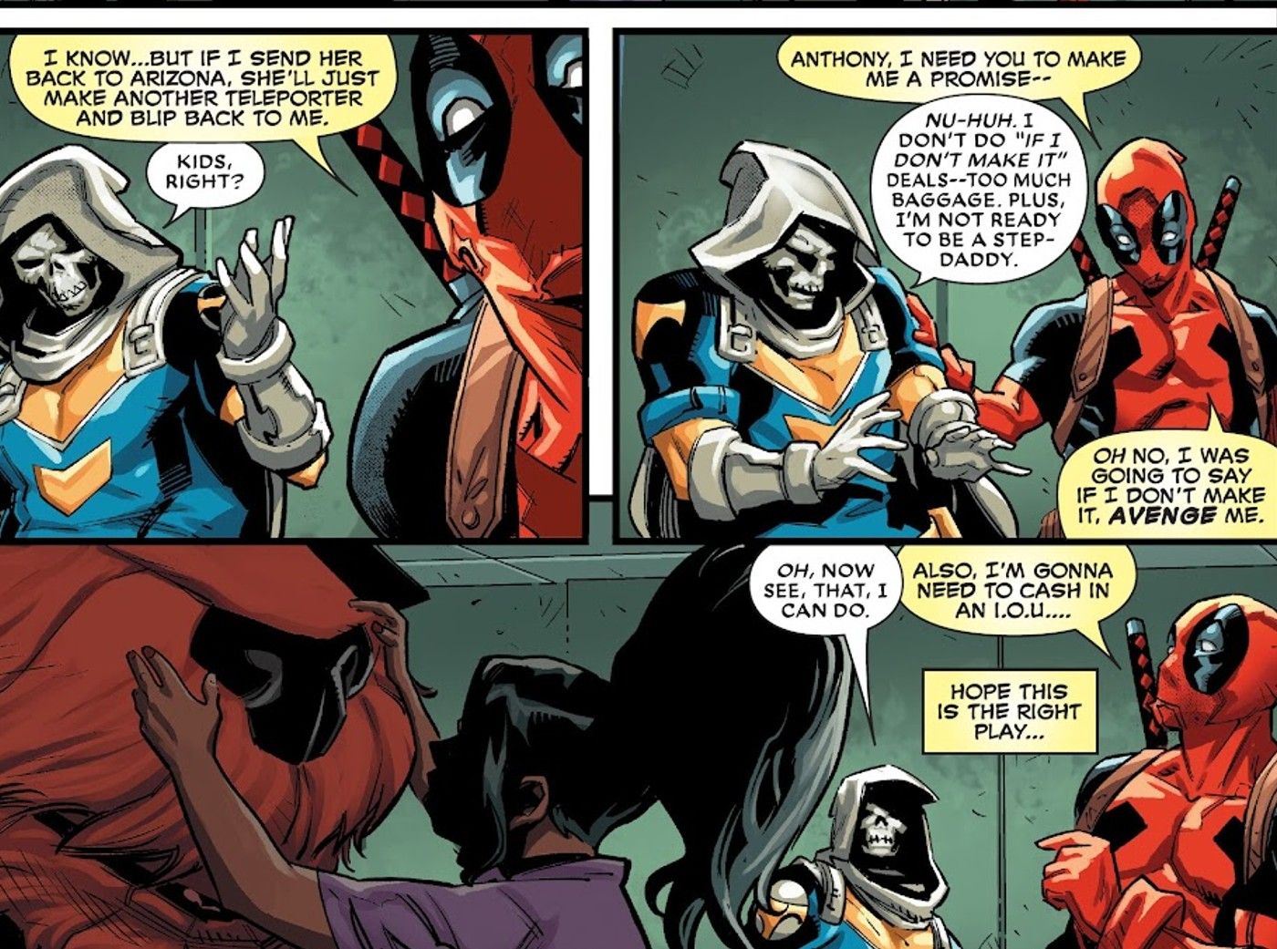 Deadpool and Taskmaster watches Ellie play with Princess, and Wade calls in an IOU to get Taskmaster to train his daughter.
