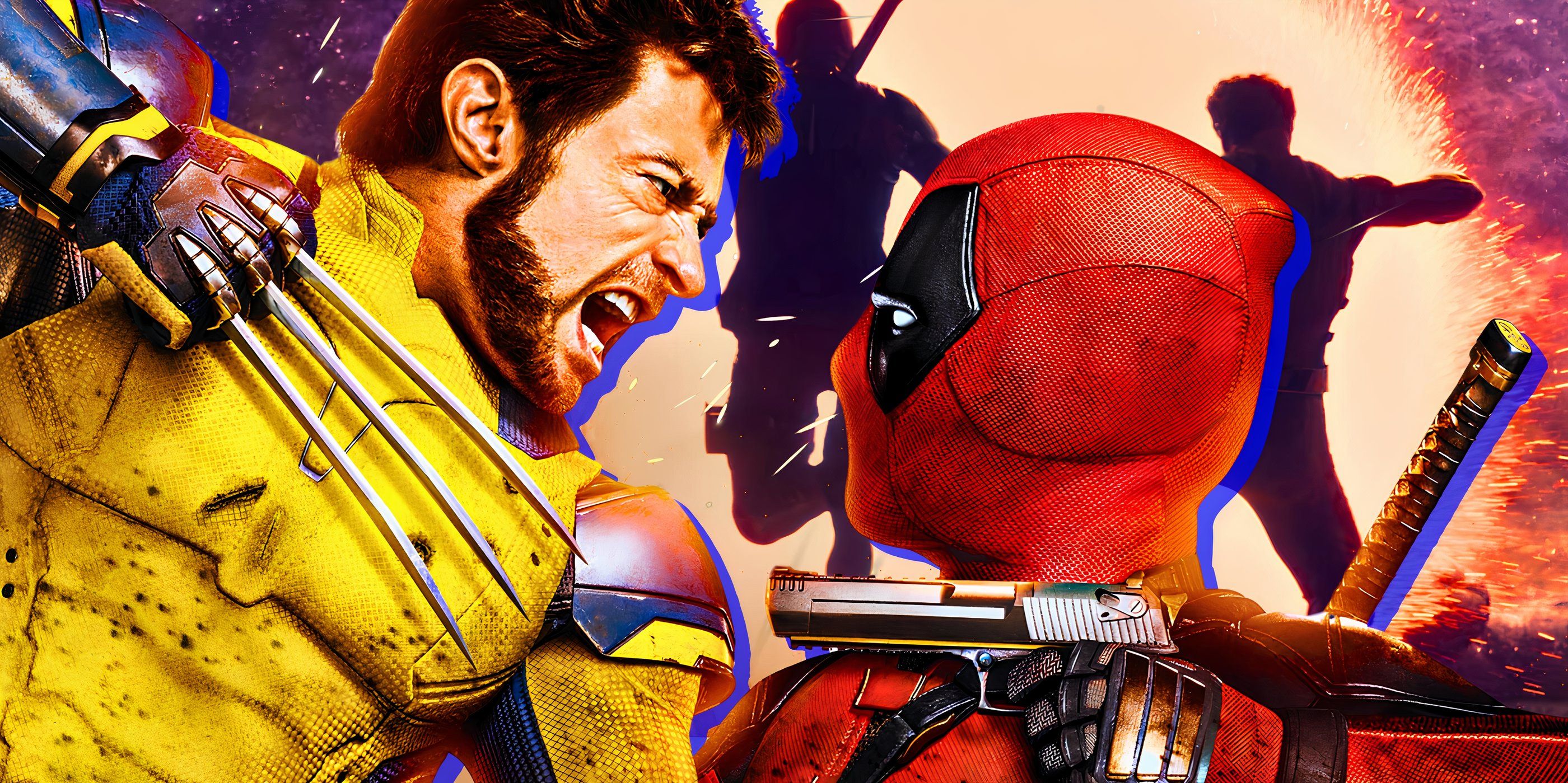 Deadpool and Wolverine prepare to fight in front of a background of them jumping into a portal