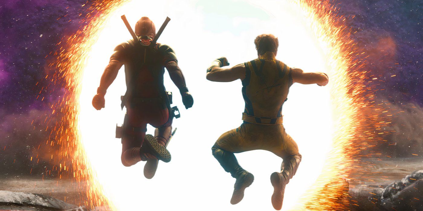 Deadpool e Wolverine pulando em um portal misterioso em Deadpool & Wolverine
