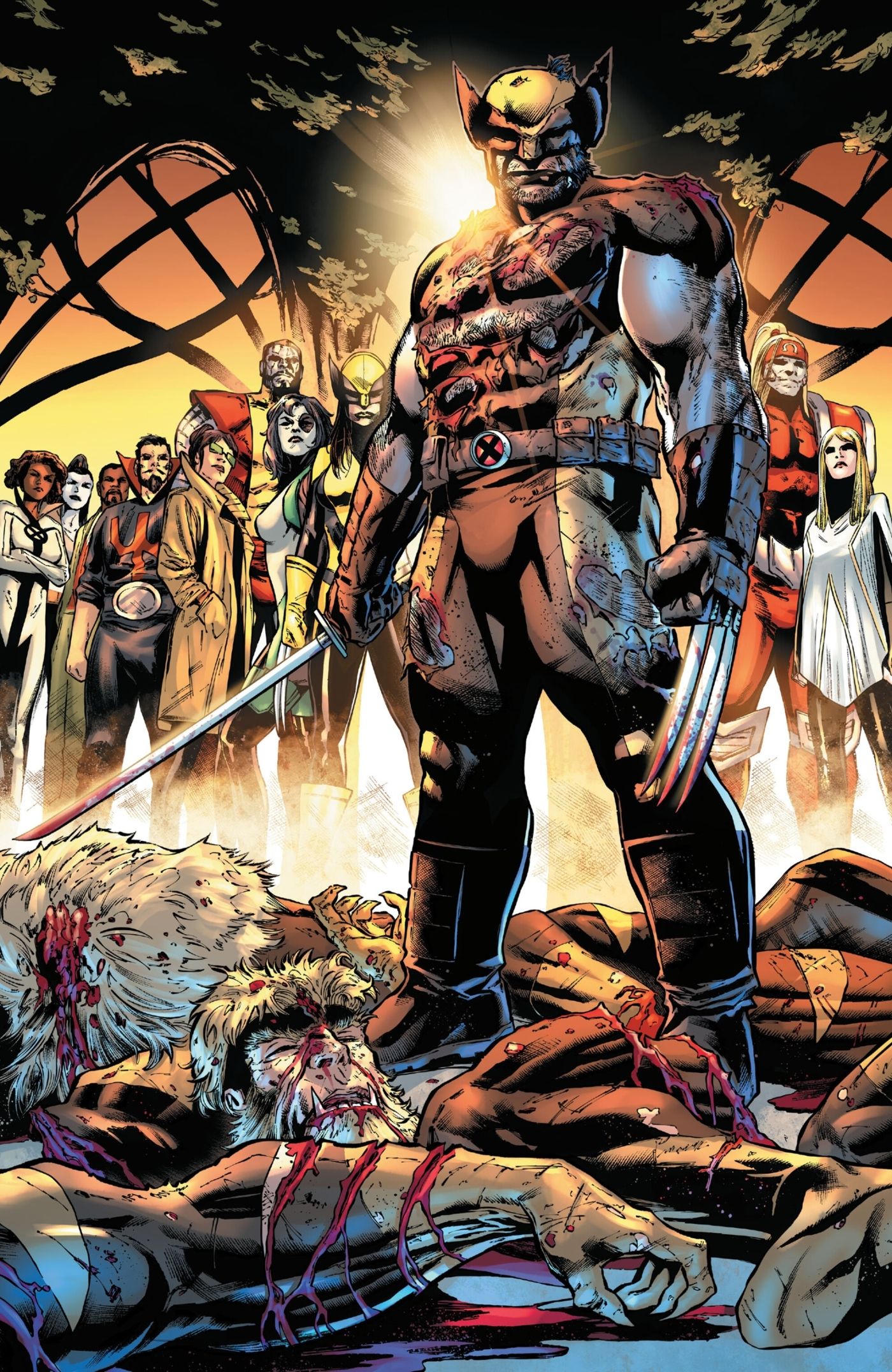 Wolverine standing over Sabretooth's mutilated corpse.