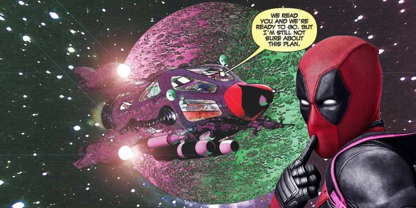 The Deadpool Corps flies in the Bea Arthur in space as an overlay of Deadpool with his index finger pressed against the mouth of his mask is positioned to the side of it.