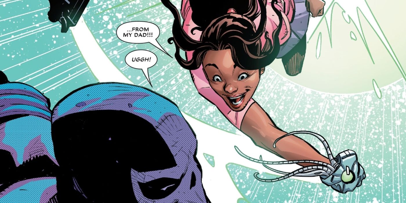 Comic book panel: Deadpool's daughter, Ellie, punching Crossbones in the face.