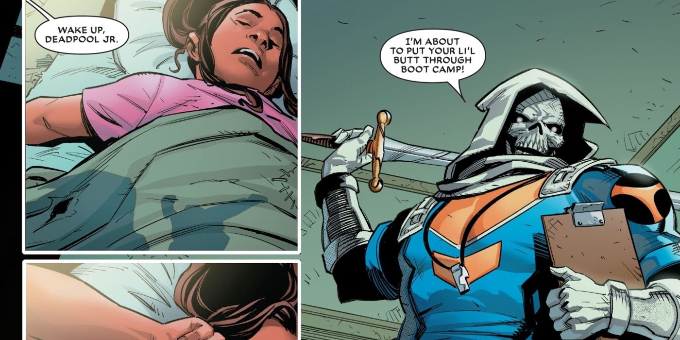 Taskmaster telling Deadpool's daughter that he's going to train her.