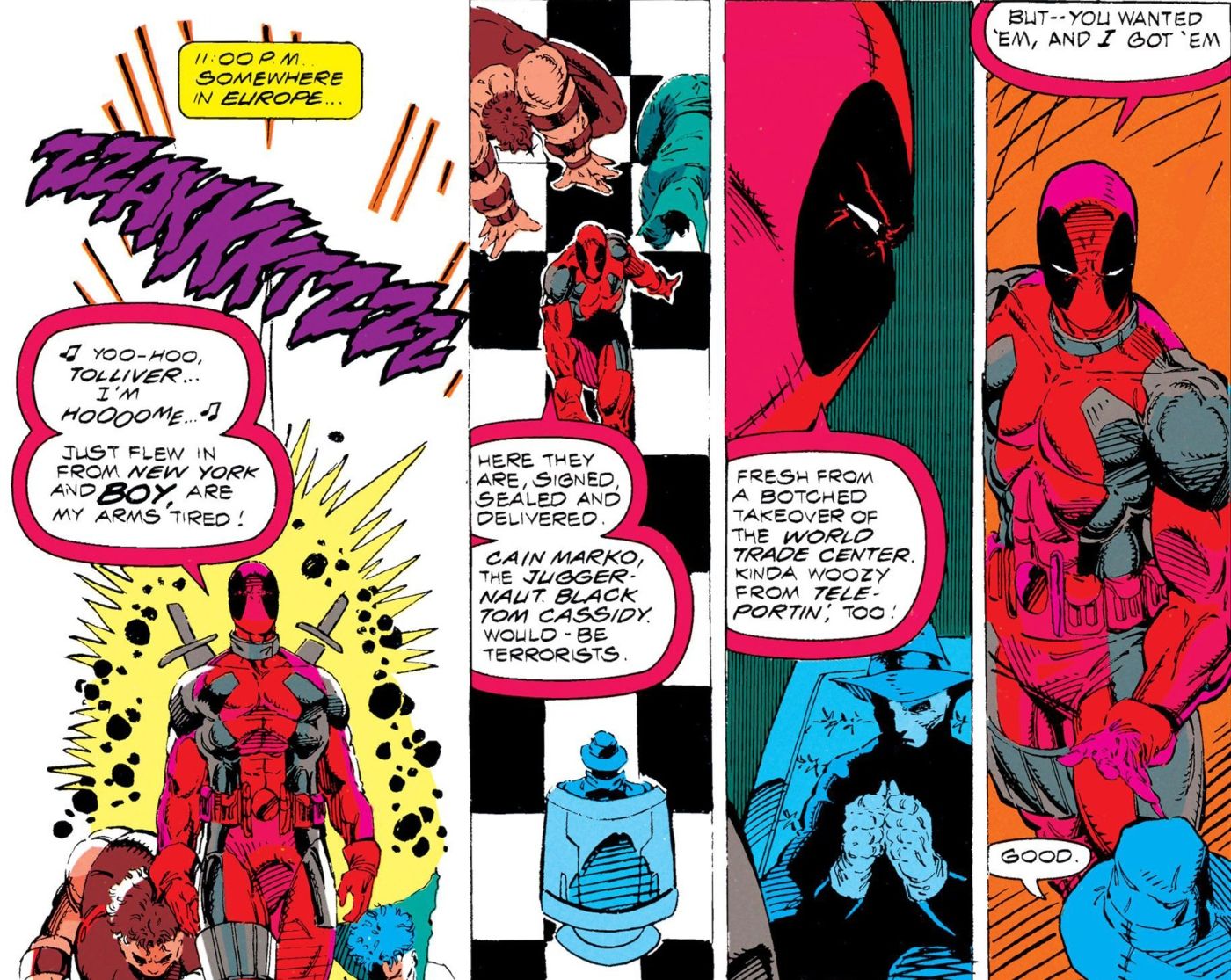 Deadpool using his teleporter in an early X-Force comic.