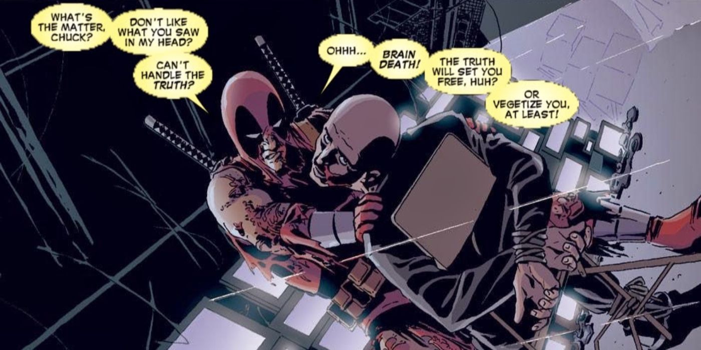 Deadpool making Professor X go brain-dead with his telepathic immunity power.