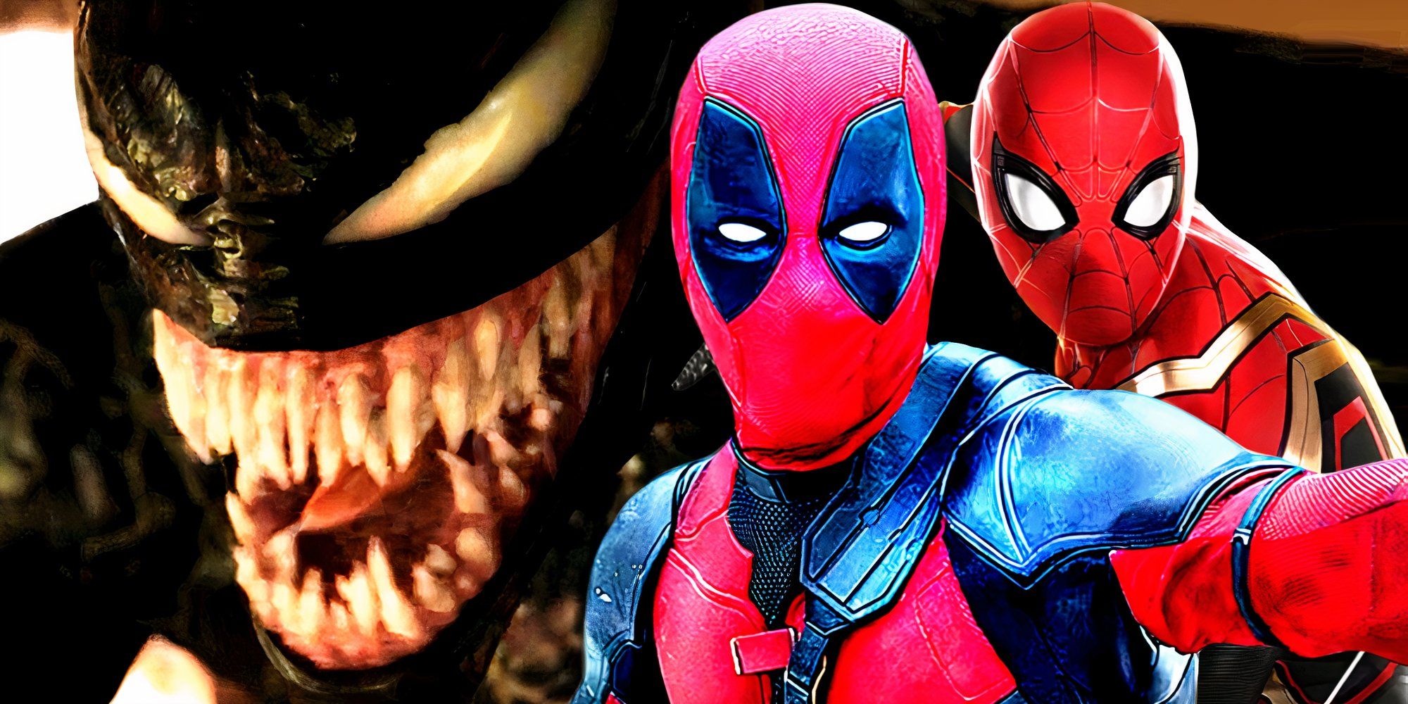 Deadpool em Deadpool & Wolverine com o Homem-Aranha em Homem-Aranha No Way Home ao lado de Venom na cena pós-créditos de Let There Be Carnage