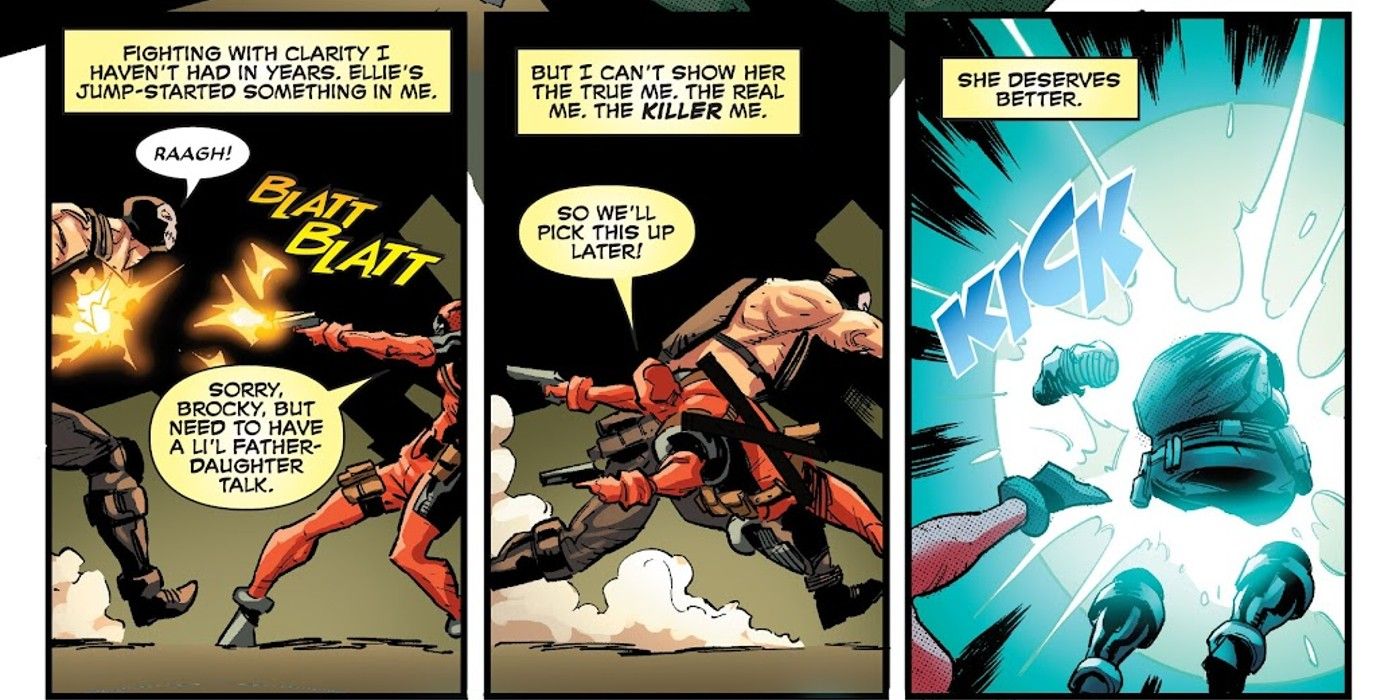 Deadpool sends Crossbones through a portal while his daughter Ellie watches.