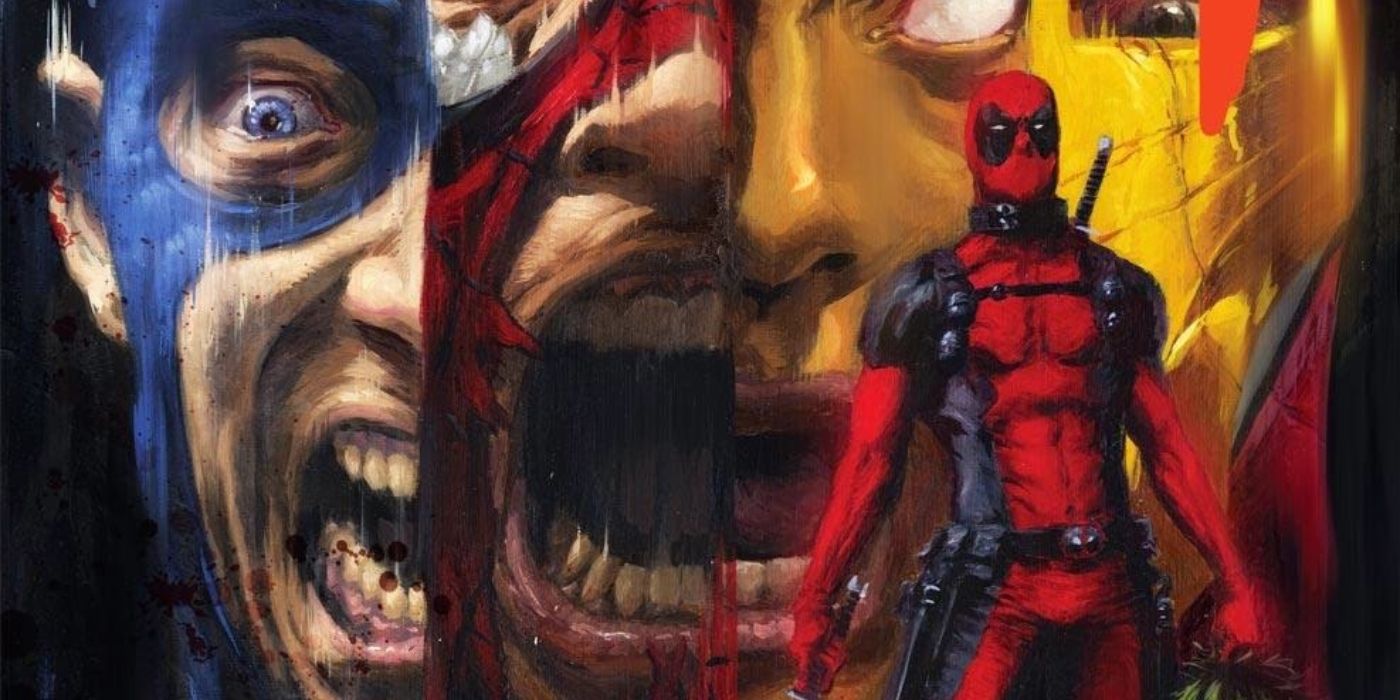 Deadpool standing in front of the screaming faces of Captain America, Spider-Man, and Iron Man.