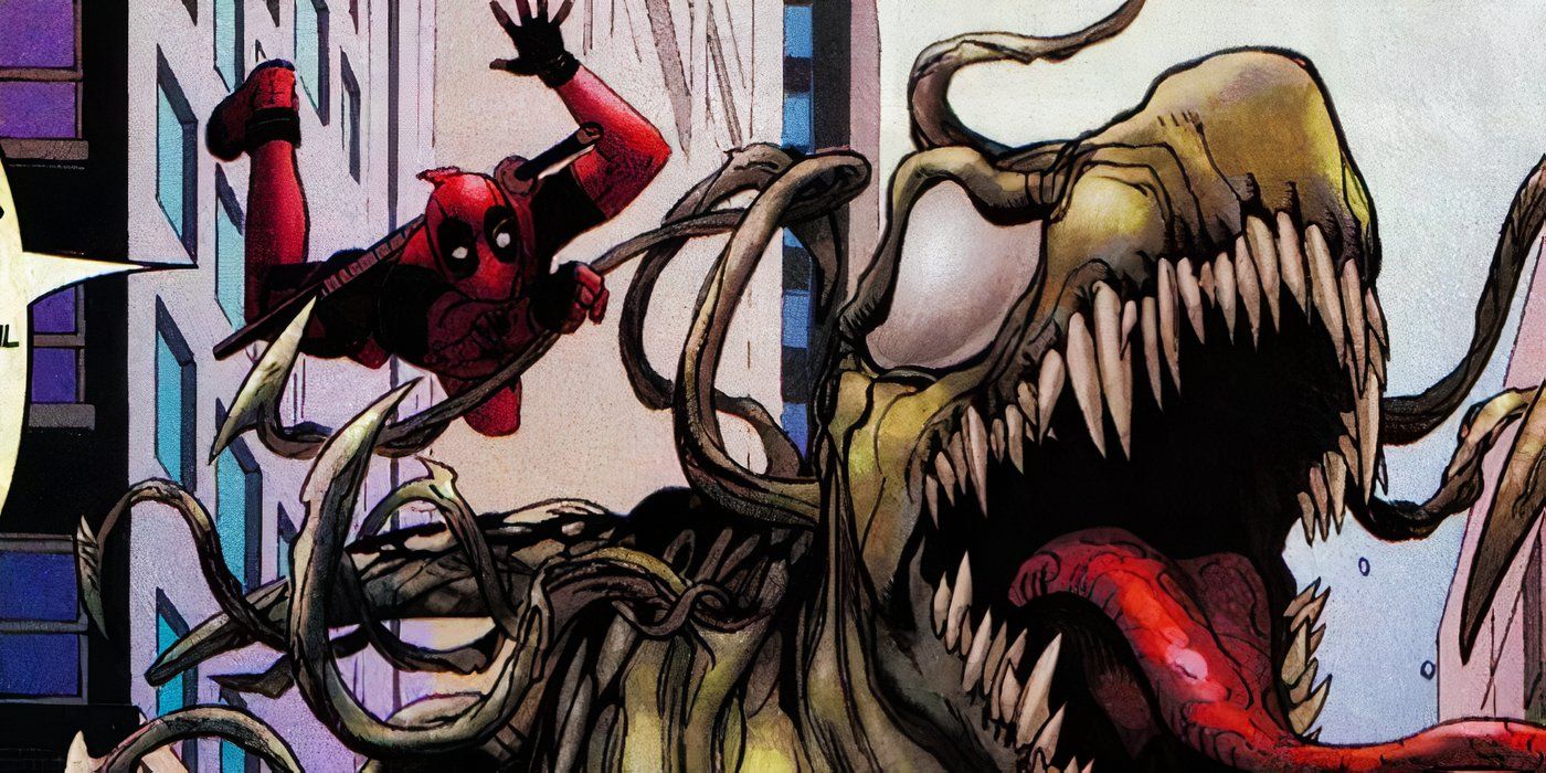 Deadpool with a symbiote dinosaur in Marvel Comics