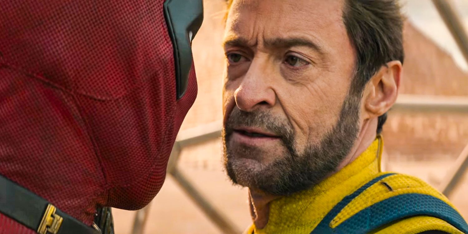Deadpool (Ryan Reynolds) and Wolverine (Hugh Jackman) staring intensely into each other's eyes in Deadpool & Wolverine 