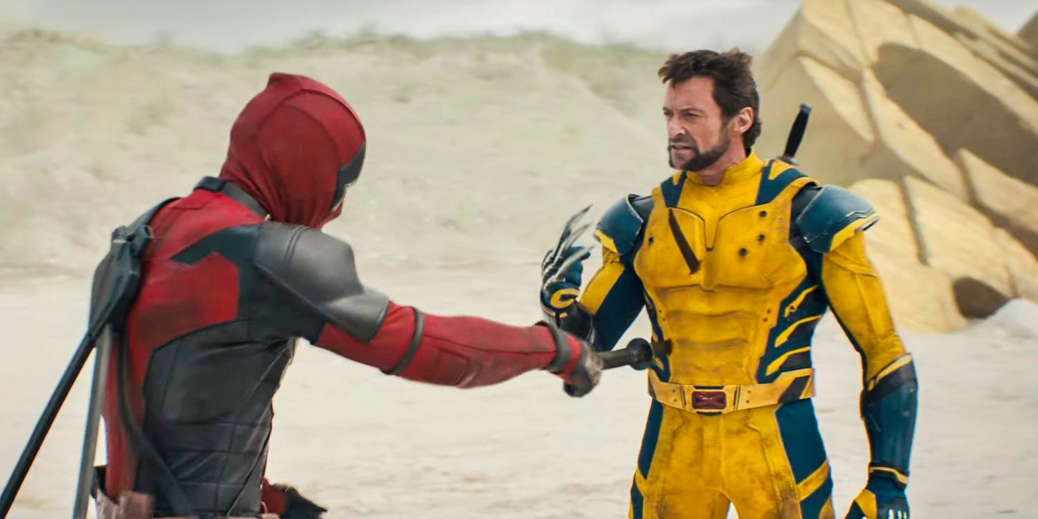 Deadpool (Ryan Reynolds) pulling a sword out of Wolverine's (Hugh Jackman) body in Deadpool & Wolverine 