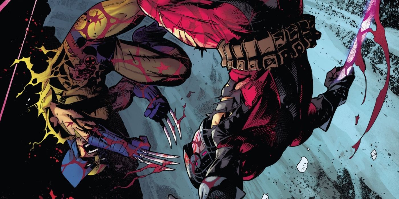Wolverine e Deadpool de cabeça para baixo cortando um ao outro com suas respectivas garras.