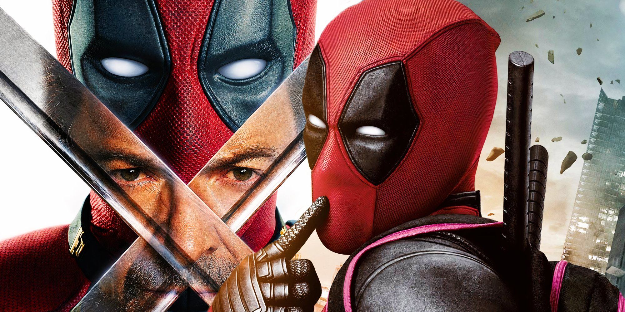 Poster Deadpool & Wolverine (2024) di sebelah Deadpool meletakkan jarinya ke mulut