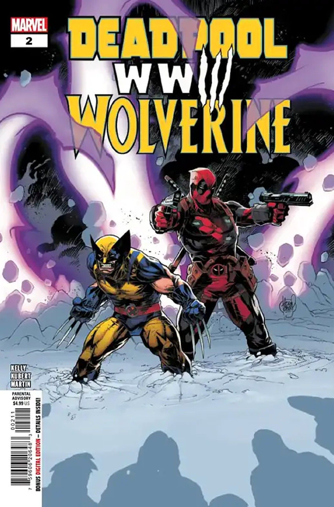 Deadpool and Wolverine WWIII #2 cover, the two heroes surrounded by the shadows of a crowd of enemies.