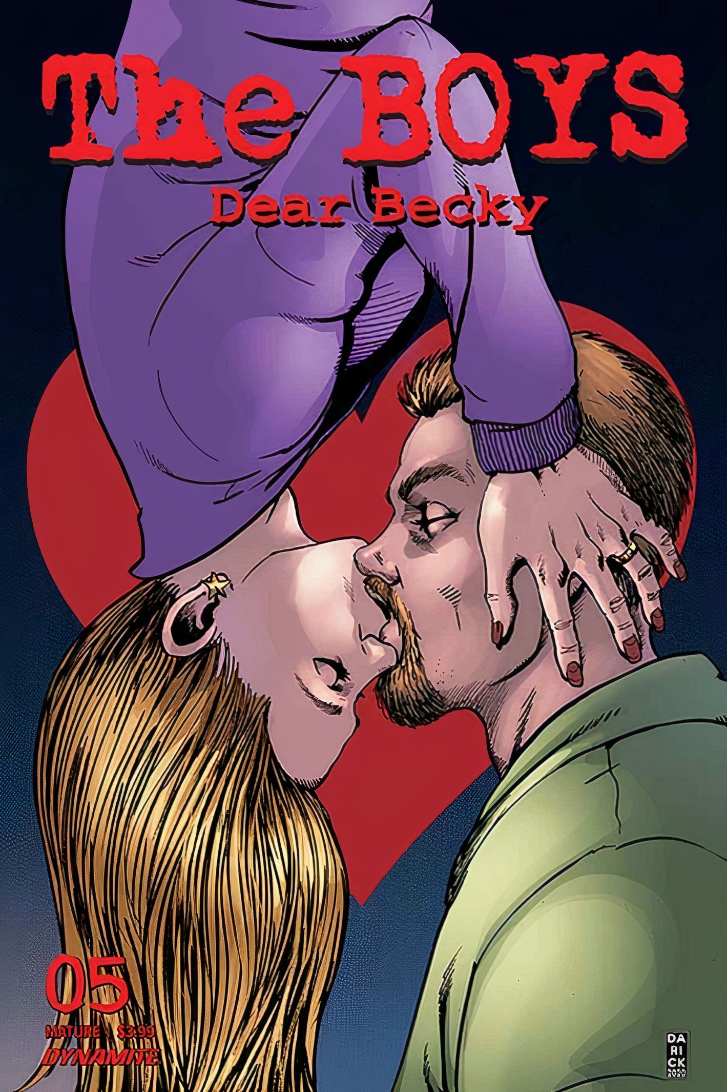 The Boys: Dear Becky #5, Spider-Man homage cover, Annie hanging upside down kissing Hughie.