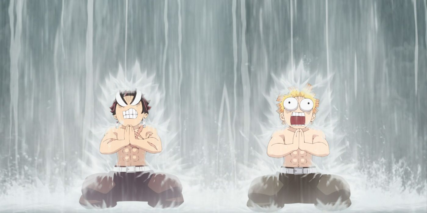 Demon Slayer: Tanjiro and Zenitsu meditate under a waterfall