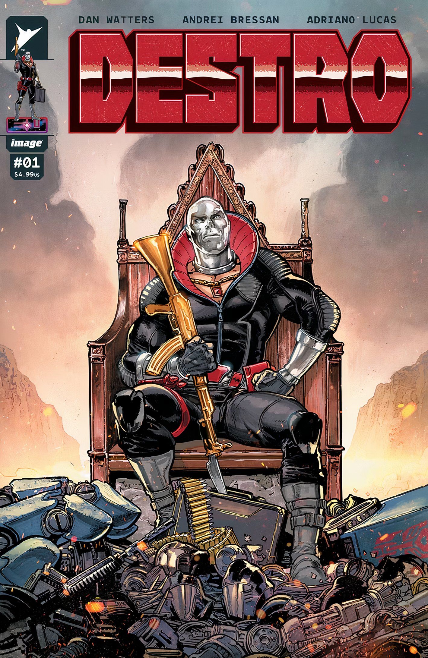 Destro #1 cover, Destro sitting on the throne of Darklonia with debris strewn at his feet.