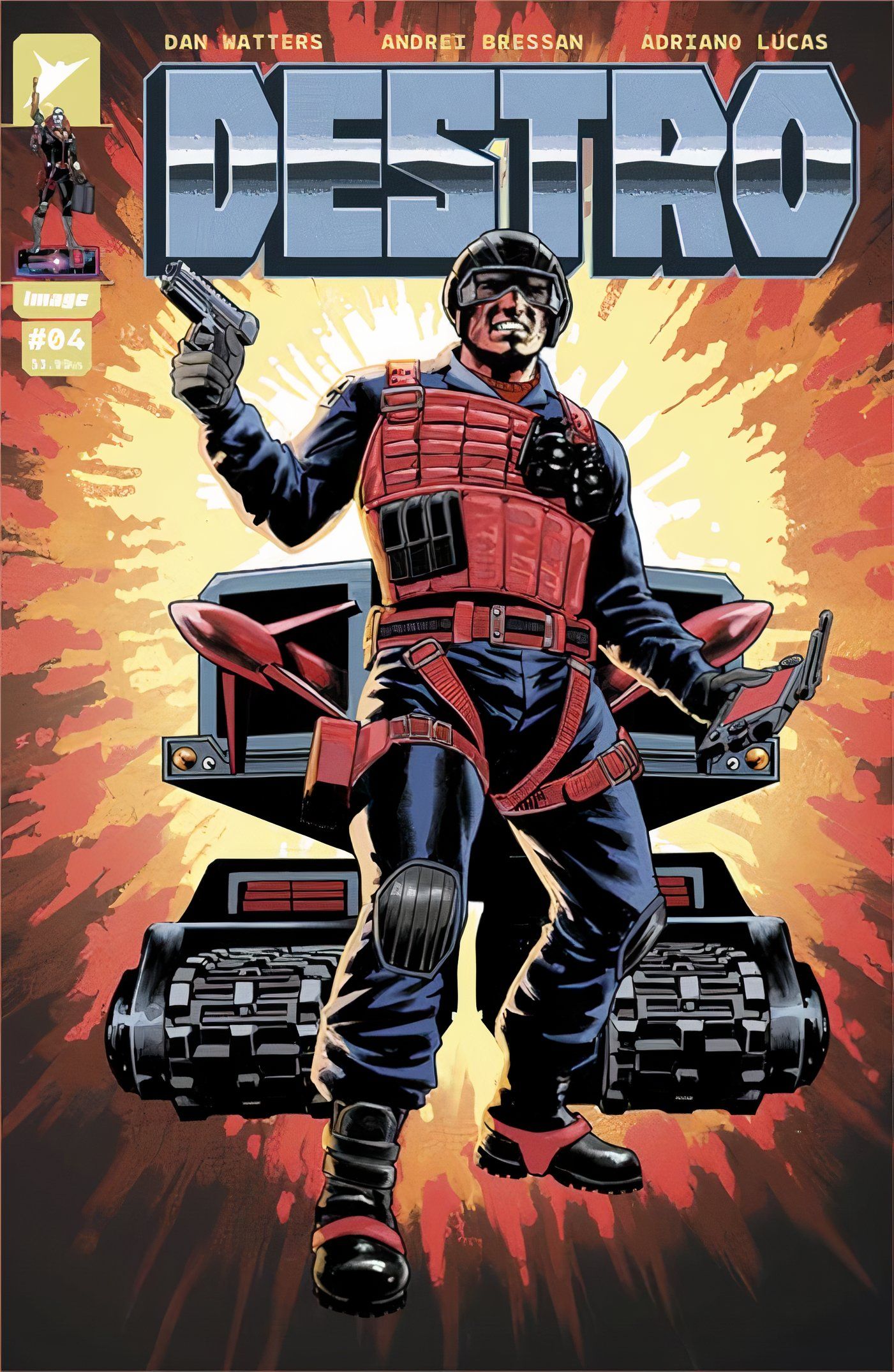 Destro #4 cover, Scrap Iron standing in front of an explosion.