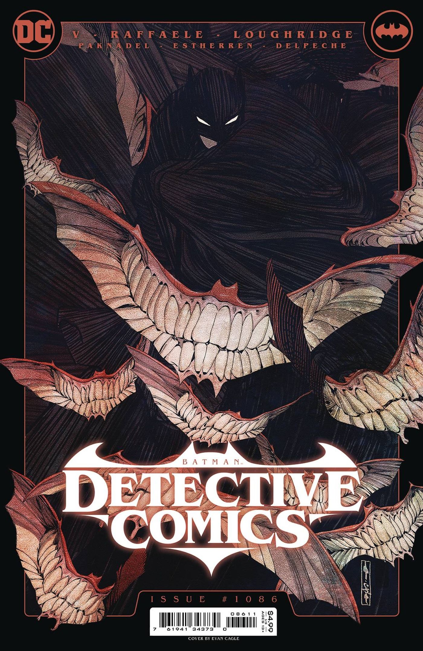 Capa principal da Detective Comics 1086: Batman nas sombras cercado por sorrisos em forma de morcego.