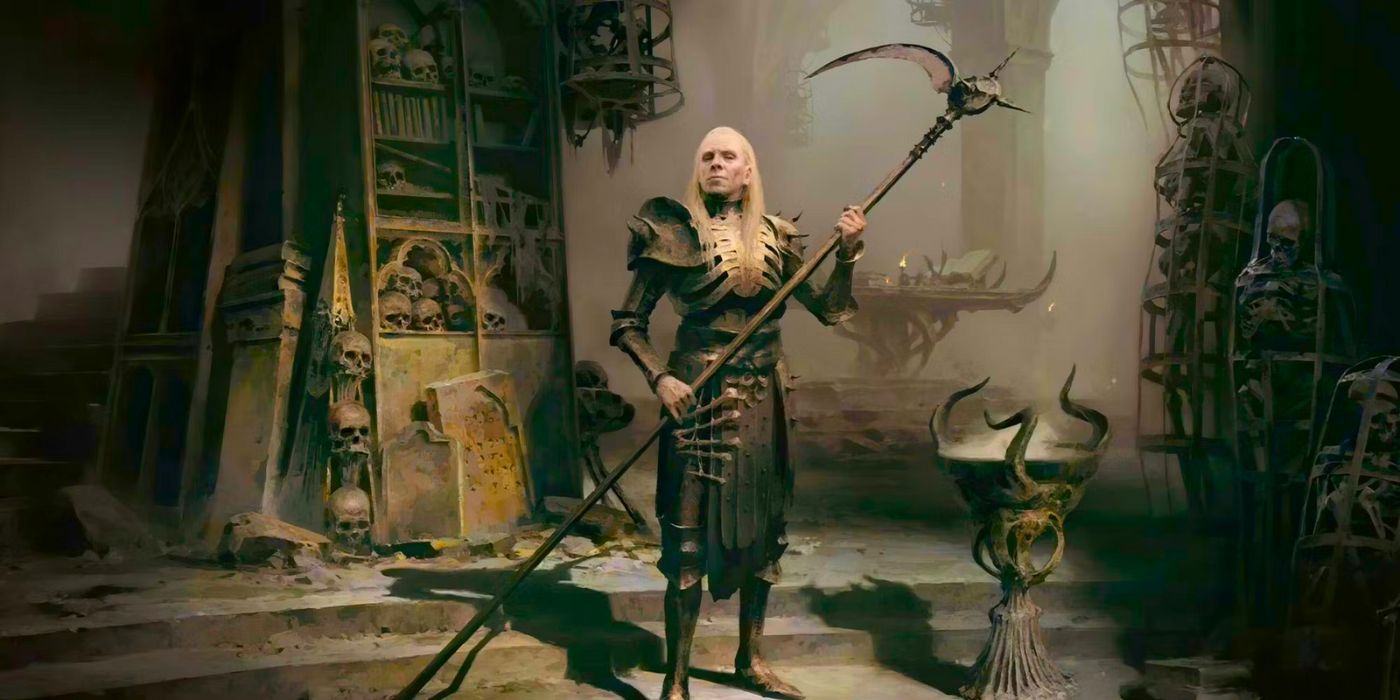 A necromancer in Diablo 4 stands in a chamber with a long scythe