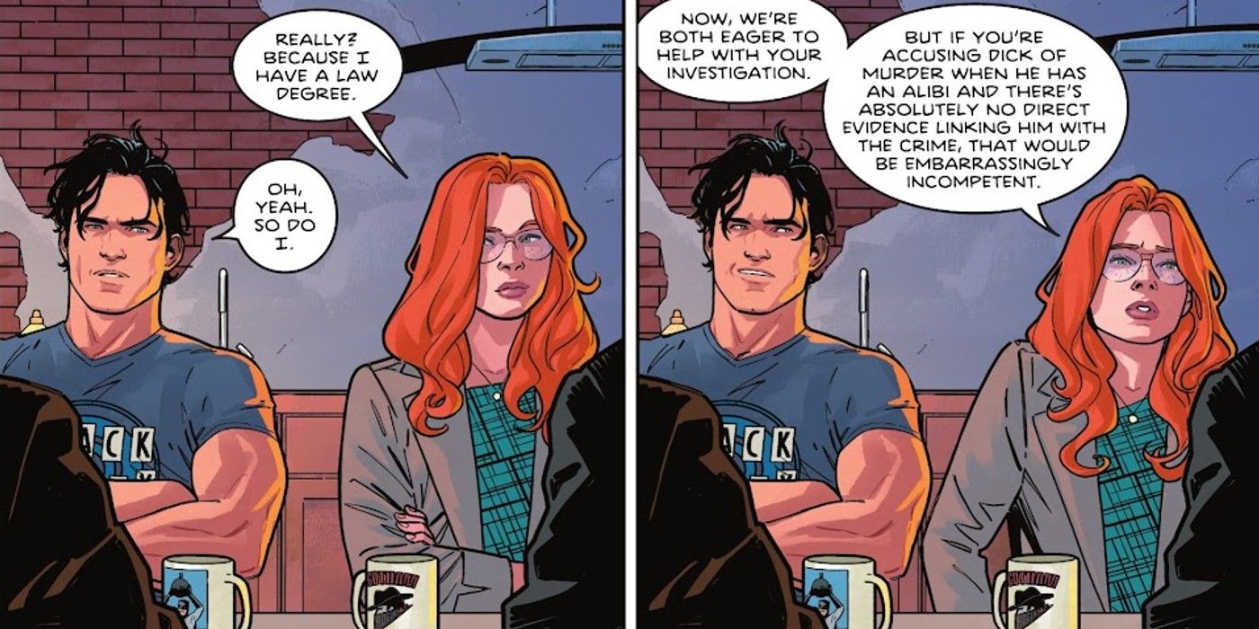 Comic Panel: Nightwing Dick Grayson and Batgirl/Oracle Barbara Gordon mention having law degrees.