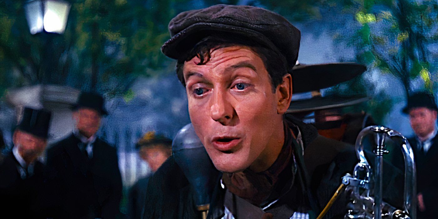 Dick Van Dyke hams it up in a scene from Mary Poppins