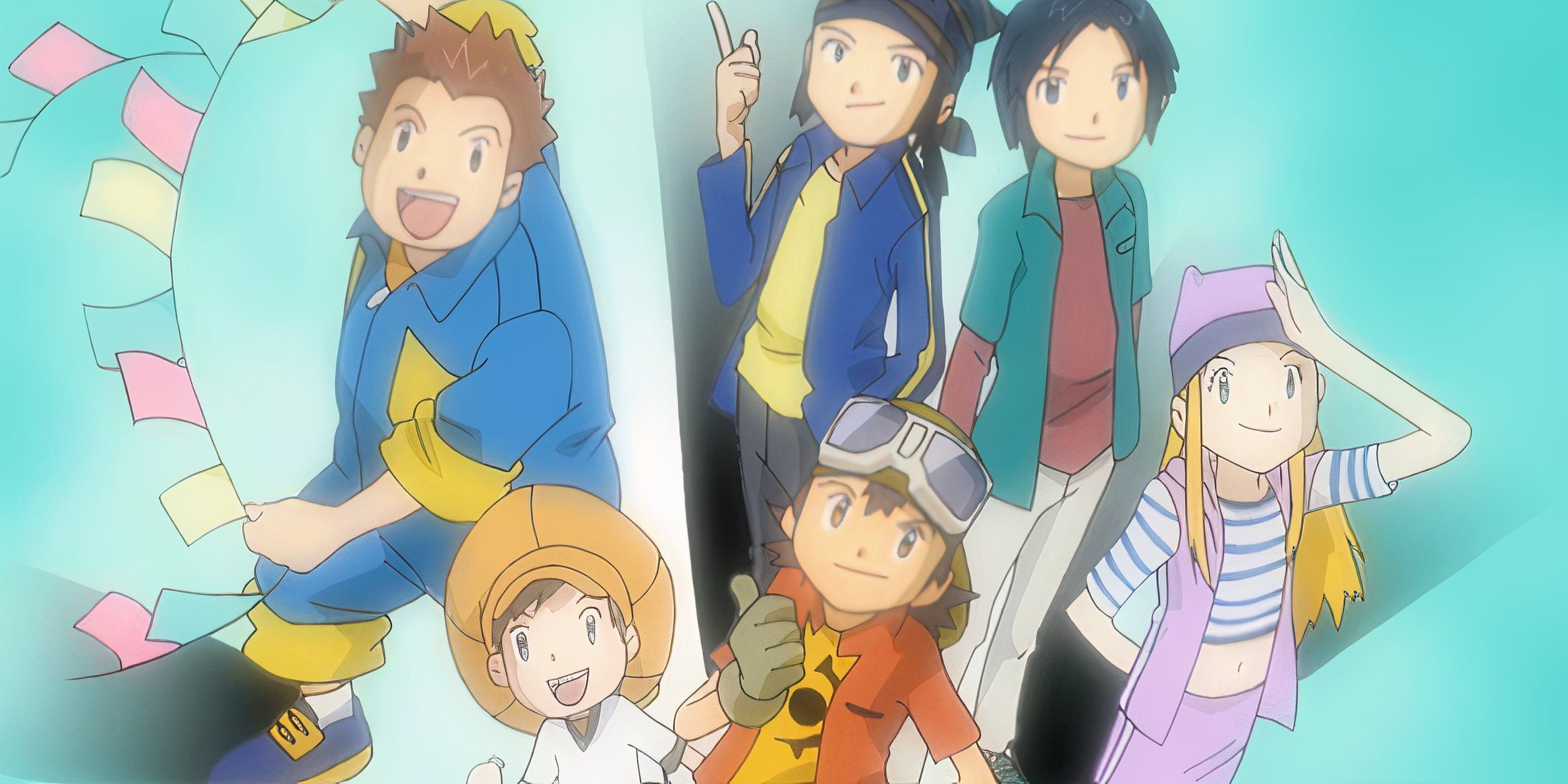 De Digimon Frontier: Takuya, Koji, Koichi, JP, Zoe e Tommy estão juntos com sorrisos em seus rostos.