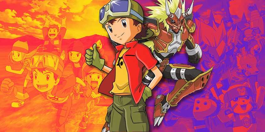 Takuya and Agunimon stand before a red and orange backdrop