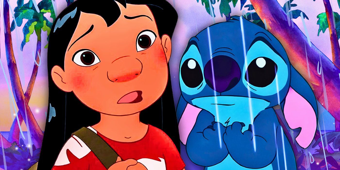 Disney Lilo and Stitch Lilo sad and Stitch in the rain