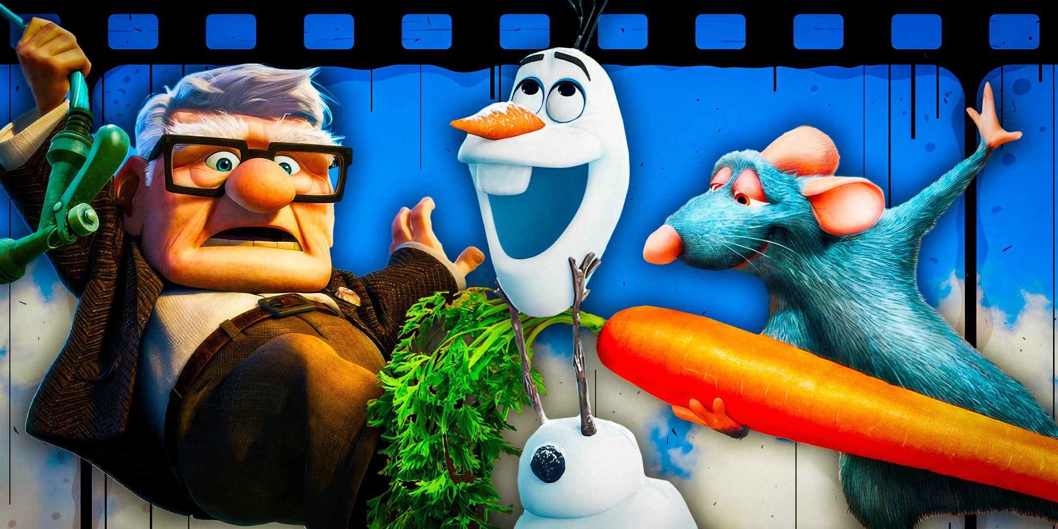 Custom image of Carl (Up), Olaf (Frozen), and Remy (Ratatouille) on top of a film reel.