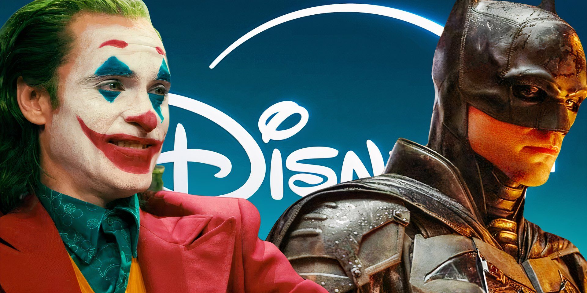 Joaquin Phoenix as Joker and Robert Pattinson as Batman in front of the Disney+ logo