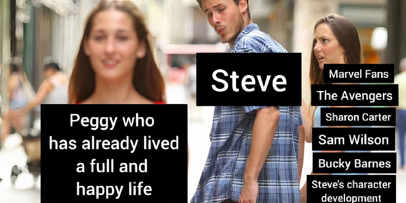 Distracted Boyfriend meme template with Steve Rogers looking at peggy Carter instead of his mcu responsibilities 