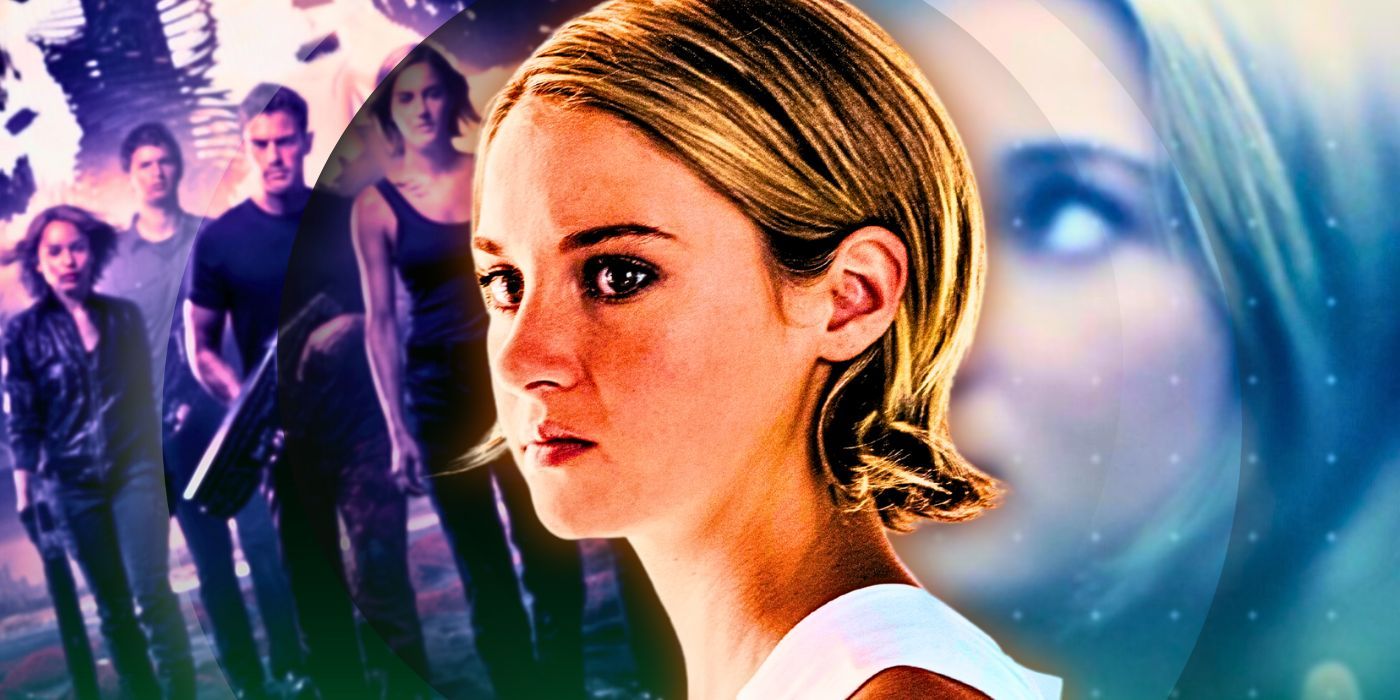 Shailene Woodley as Tris Prior in Allegiant in front of a Divergent poster